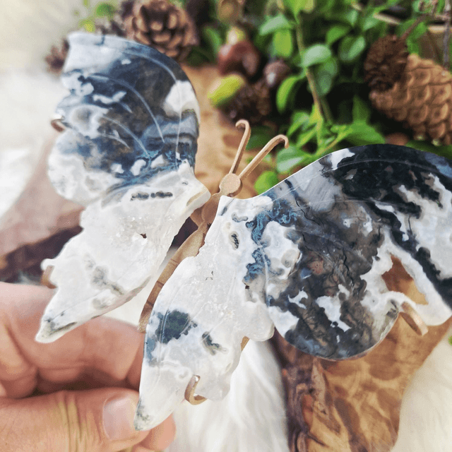 Moss Agate butterfly wings with gold stand 