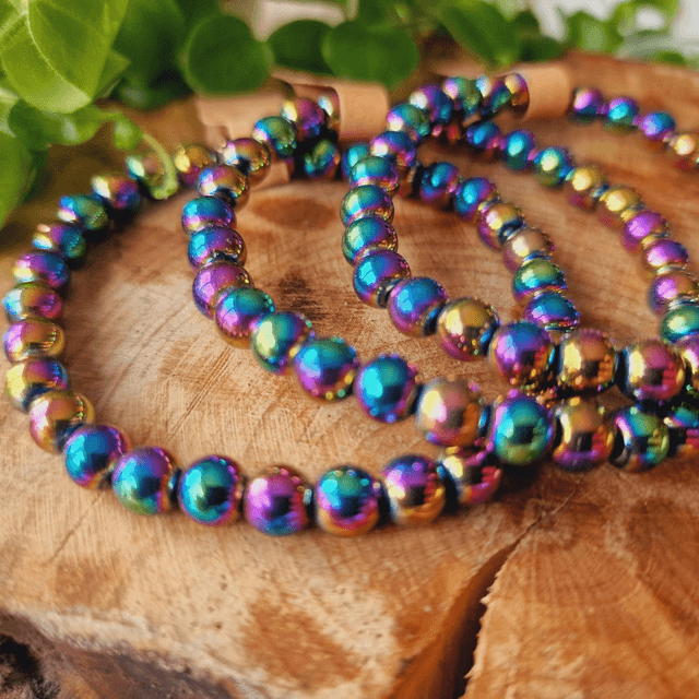 Rainbow Aura Coated Hematite 6mm Beaded Bracelet