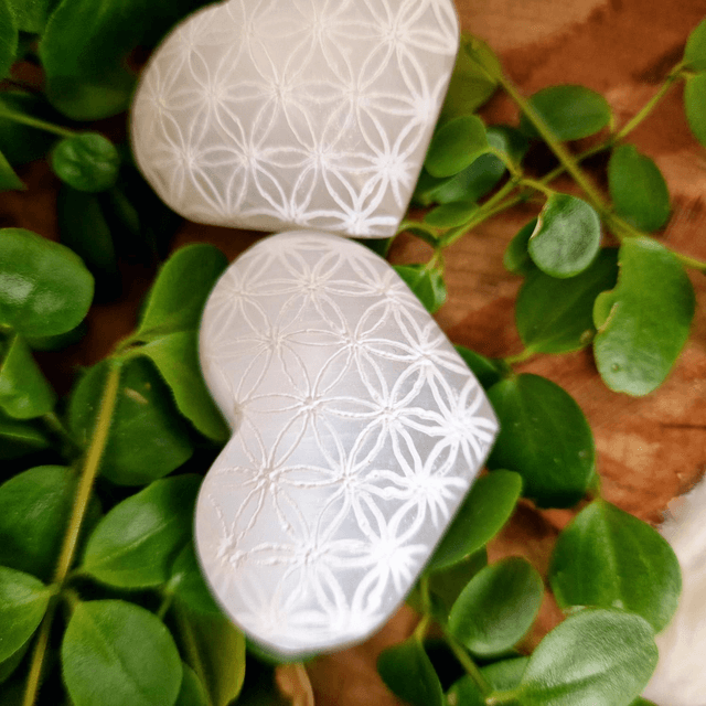 Selenite Engraved Puffed Hearts
