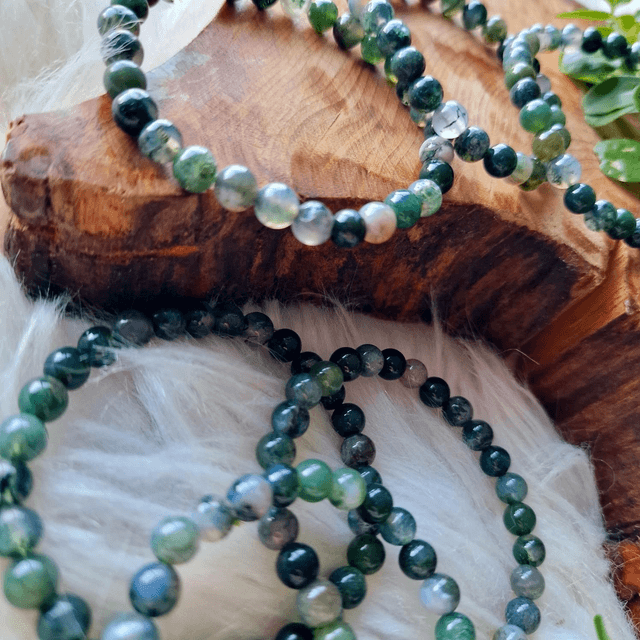 Moss Agate 6mm Beaded Bracelet 