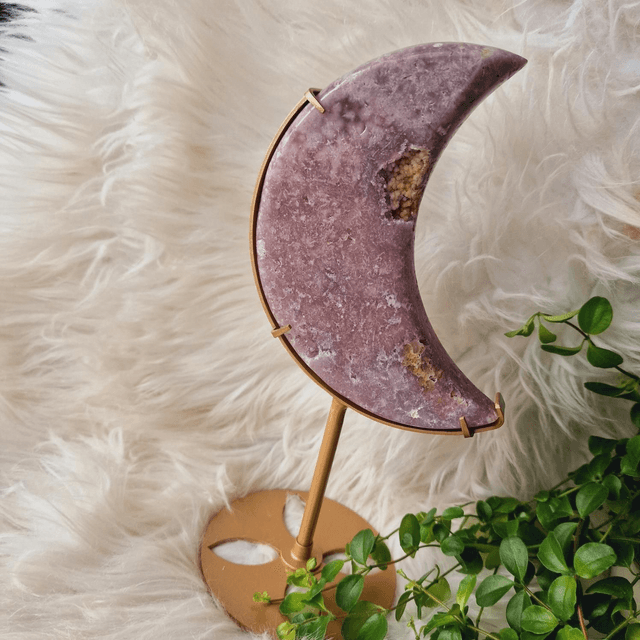 Pink Amethyst Moon on Gold Stand 600g