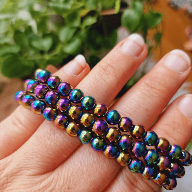 Rainbow Aura Coated Hematite 6mm Beaded Bracelet