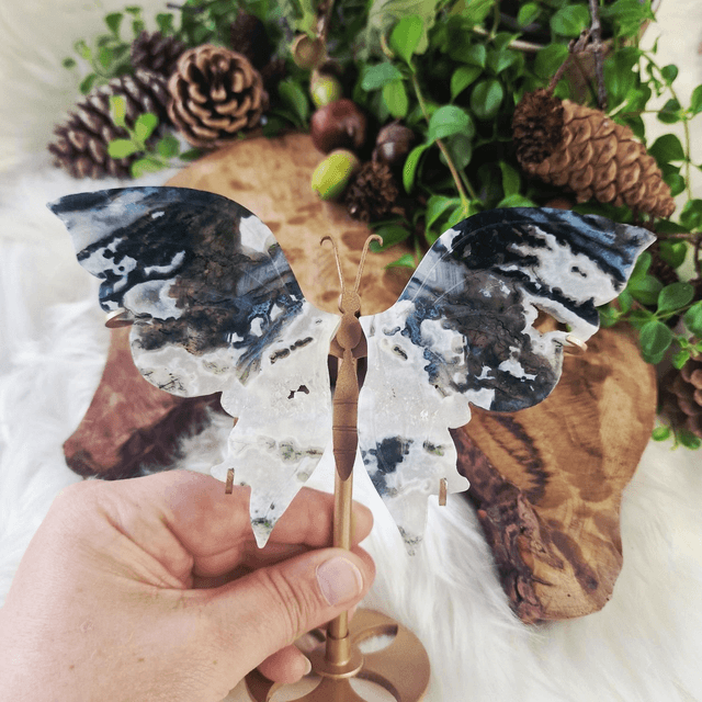 Moss Agate butterfly wings with gold stand 