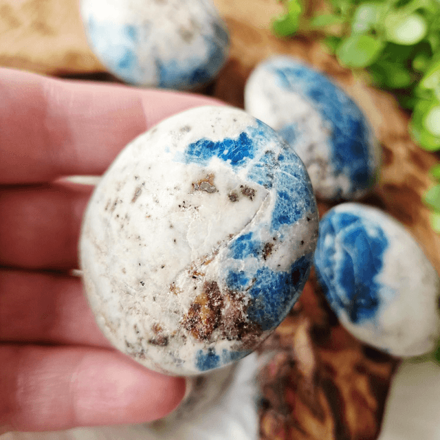 Blue Apatite in Jasper palm