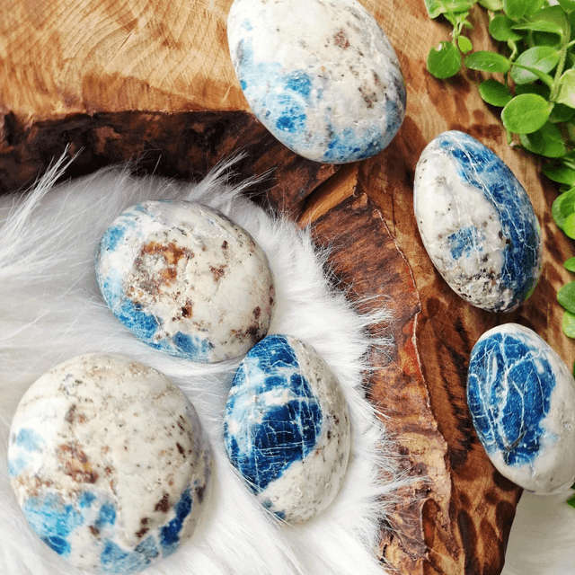 Blue Apatite in Jasper palm