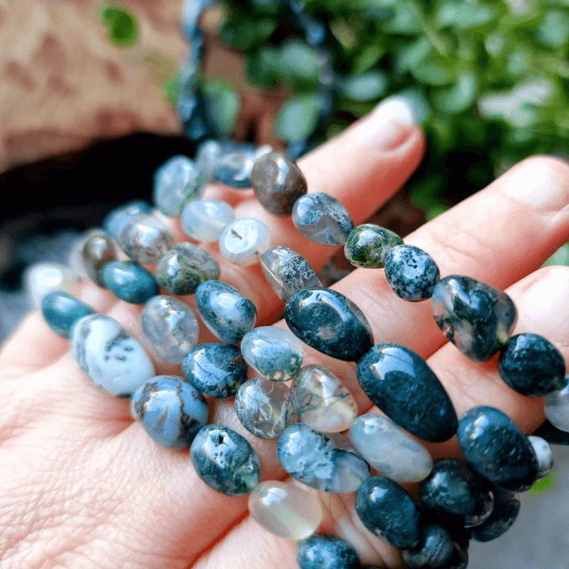 Moss Agate Pebble Beaded Bracelet 