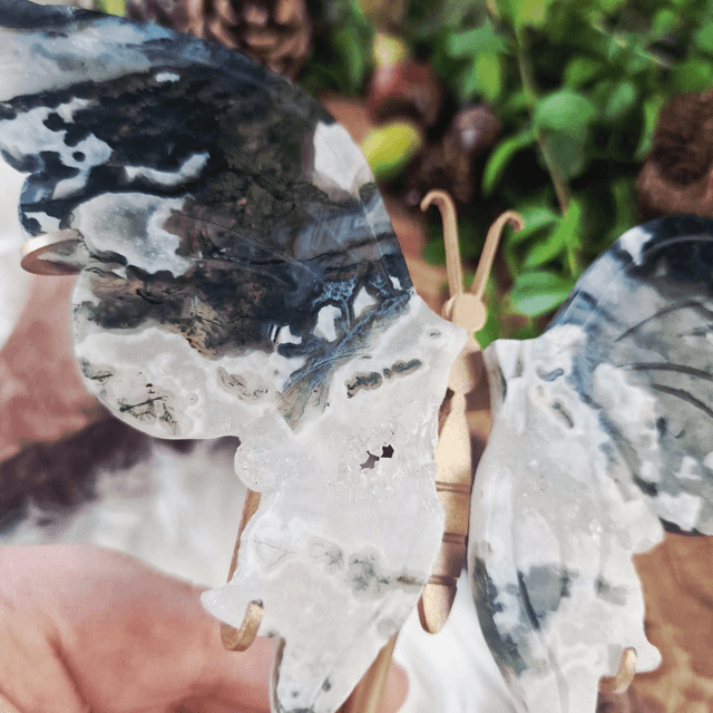 Moss Agate butterfly wings with gold stand 