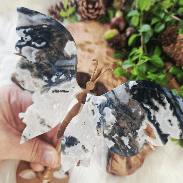 Moss Agate butterfly wings with gold stand 